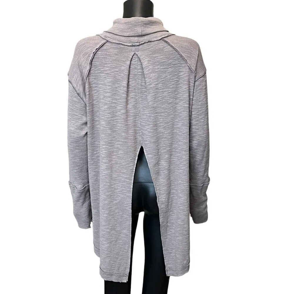 Free People Boho Taupe Slub Knit Cowl Neck Split Back Tunic Sweater Small